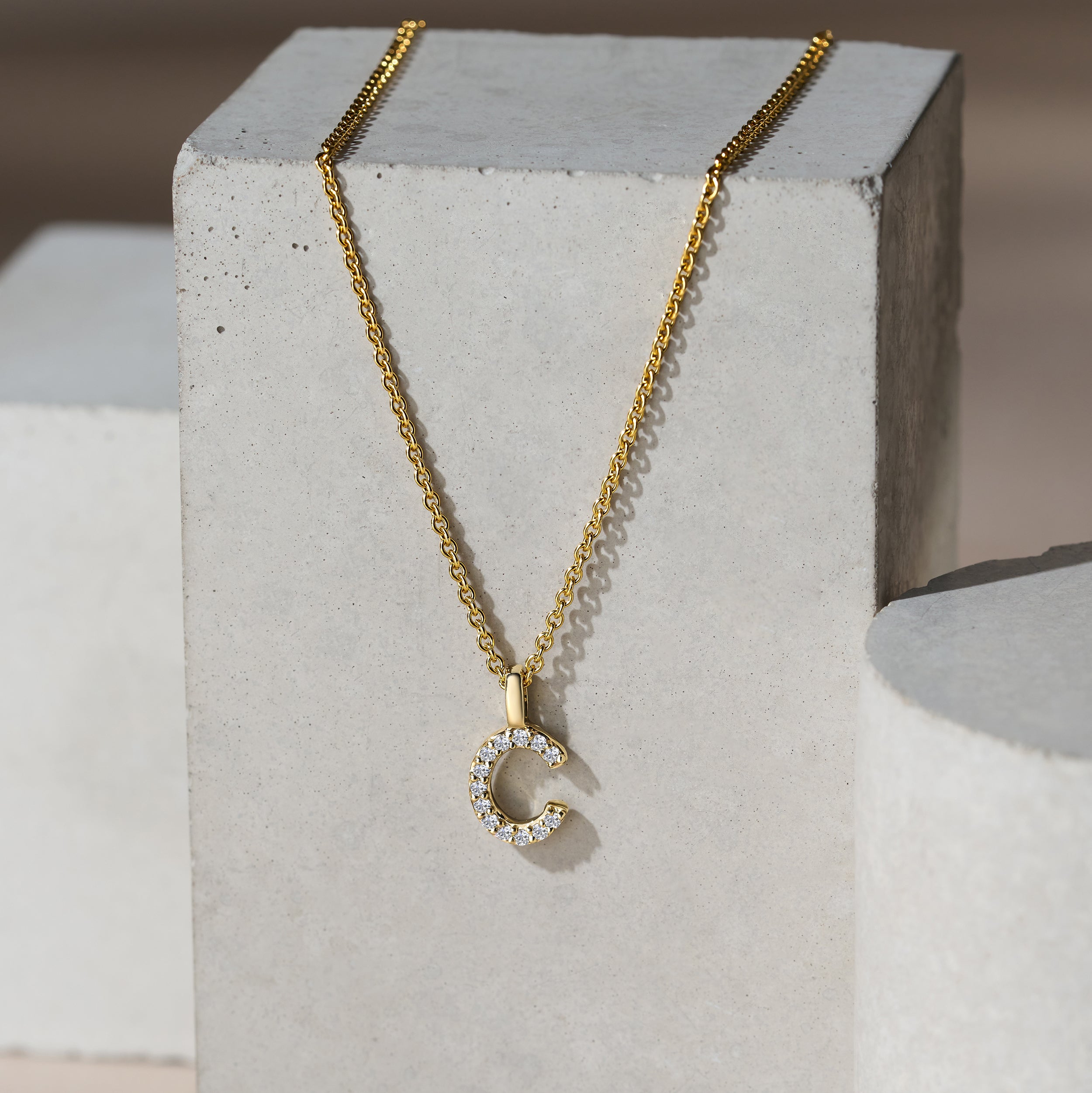 Love Letter Initial C Lab Diamond Necklace set in 9K Yellow Gold